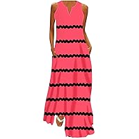 Women Summer Maxi Dresses Sleeveless V Neck Casual Loose Flowy Beach Long Dresses Striped Print Sundress with Pocket