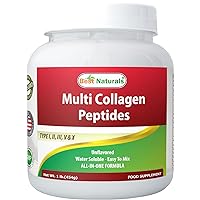 Best Naturals Multiple Collagen Peptides Protein Type I, II III, V & X Collagen unflavored 1 Pound - Grass Fed & Pasture Raised - Water Soluble - Easy to Mix