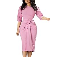 Women's Five Quarter Sleeved Round Neck Solid Color Waist Fold Cover Hip Plus Size Dress Fit and Flare Dress (c-Pink, S)