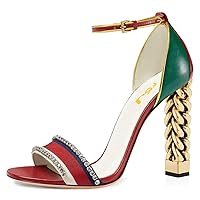 FSJ Women Flower Gold Metal Chain Chunky High Heels Ankle Strap Sandals Open Toe Fashion Summer Dressy Shoes Size 4-15 US