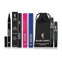 KL KILLER LASHES Eyelash Growth Serum, Mascara Black and Fiber Lash Extender Set, Clear Mascara, Smudge Free Mascara, and Black Liquid Eyeliner Pen