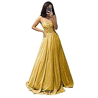 Wchecalino Glitter Satin Prom Dresses Long 2024 Spaghetti Straps Lace Applique Evening Party Gowns with Pocket