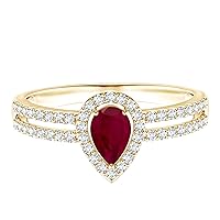 MOONEYE 6X4 MM Pear Red Ruby Gemstone 925 Sterling Silver Solitaire Halo Split Shank Ring