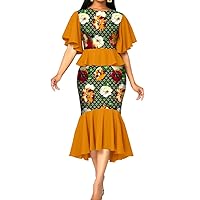 African Print Dresses for Women Petal Sleeve Midi Dress Dashiki Outfits Bazin Riche Vintage Attire