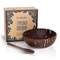 Coconut Bowl & Wooden Spoons Bowl Set - Birthday Gifts for Women - Coconut Bowls for Eco Friendly Kitchen Decor, Acai Bowls & Smoothie Bowls (1, Polished)