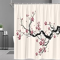 Cherry Blossom Shower Curtain Red Plum Flower Asian Japanese Sakura Floral Chinese Ink Painting Scenery Bathroom Decor Polyester Fabric Curtains with Hooks