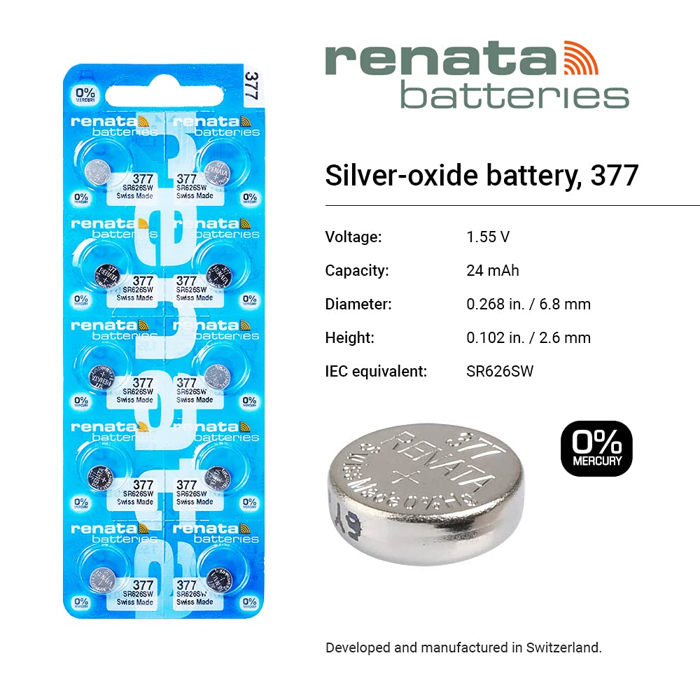 Renata Watch Battery 377 (Sr626Sw), Twin Pack