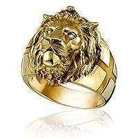 Gold Lion Head Ring for Men Norse Viking Lion Ring with Rhinestones Crystal Eye, Heavy Metal Rock Punk Style Gothic Biker Cross Ring Lion Totem Amulet Ring, Punk Animal Lion Jewelry Gift for Boys
