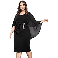 KIMCURVY Women's Plus Size Cape Chiffon Dress Evening Pencil Dress for Wedding Cocktail Party with Rhinestone