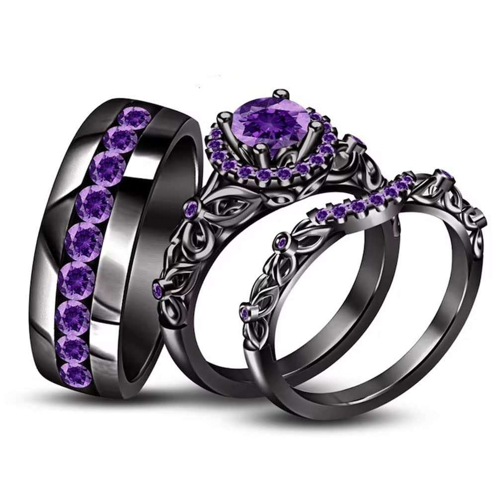 Matching Couple Rings Wedding Engagement Ring Band Set For His and Her,925 Sterling Silver Round Created Amethyst 14K Black Gold Plated trio ring set