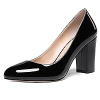 WAYDERNS Women's Slip On Solid Thick Round Toe Patent Block High Heel Pumps Shoes 3 Inch