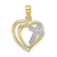 10k Yellow Gold with Rhodium-Plating-Plated Cross In Heart Pendant