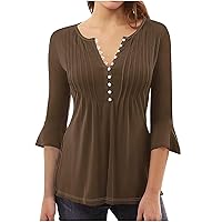 3/4 Sleeve Shirts for Women Bell V Neck Graphic T Shirts Button Pleated Boho Tops Elegant Solid Color Vintage Blouses