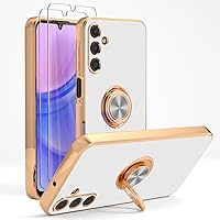 for Samsung Galaxy A15 Case with Screen Protector [2 Pack], 360° Rotatable Ring Holder Plating Rose Gold Edge Magnetic Kickstand Women Men for Galaxy A15 5G/4G Phone Case White
