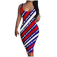 4th of July Bodycon Tank Dress,Casual Patriotic Clothes for Womens Independence Day Sleeveless Tunic Mini Sundress