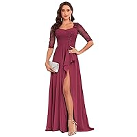 Plus Size Mother of The Bride Dresses Desert Rose Ruffles Half Sleeves Lace Evening Gown with Slit Size 18W