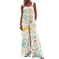 Easter Overalls Women's Wide Leg Jumpsuits Trendy Rompers Easter Print Casual Sleeveless Straps Fashion With Pockets