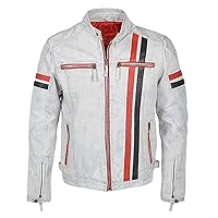 Mens Cafe Racer Motorcycle White Leather Jacket, Vintage Retro Rider Biker Jackets for Men, Red Black Stripes, Small