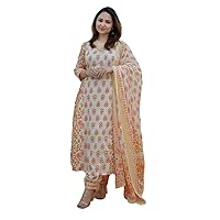 Women Cotton Blend Floral Printed Nayara Cut with Adjustable Latkans Indian Tradational Style Kurta with Afghani Pant and Dupatta Set (Peach,L)