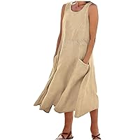 Summer Dresses for Women Plain Sleeveless Sundress Crewneck Loose Tank Dress with Pockets Flowy A Line Midi T Shirt Dress(,)