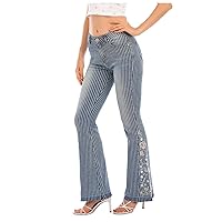 Women's Casual Striped Bell Bottom Jeans Floral Embroidered Bootcut Denim Retro Trousers Mid Waist Stretchy Pants