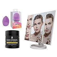 Pursonic Tri-Fold Vanity Makeup Mirror With 24 Natural Dimmable LED Lights Includes A Facial Makeup Blender Sponge With Display Stand And Black Charcoal Facial Mask 8oz