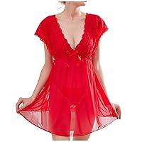 Women Sexy Lingerie Sets Cap Sleeve Deep V Neck Babydoll Nightgown & Panty 2Pcs Sheer Mesh Lace See Through Negligee