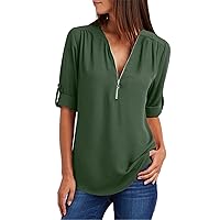 Women's V Neck Plus Size Chiffon Blouse Loose Fit Half Zip Up Tunic Shirts 3/4 Roll Sleeve Solid Color Casual Tops