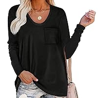 Ladies Crew Neck Pocket Casual Loose Top Long Sleeve Shirts Solid Tops Pullover Comfy Fitting Tunic Baggy Blouse