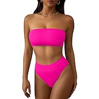 Pink Queen Women's Ribbed High Waisted Bikini Set Removable Strap Bandeau Swimsuit
