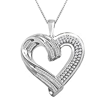 1/2CT TW Sim Diamonds Heart Pendant W/18” Chain Necklace In 14K White Gold Plated Sterling