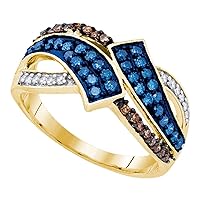 The Diamond Deal 10kt Yellow Gold Womens Round Blue & Brown Diamond Round Ring 1/2 Cttw