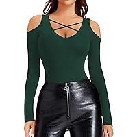 HERLOLLYCHIPS Womens Long Sleeve Tops Cold Shoulder Deep V Neck Criss Cross Fitted Sexy Casual Dressy Fall Winter Tee Shirts