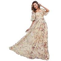 Women's Dresses, Floral Print Puff Sleeve Mesh Overlay Dress for Women