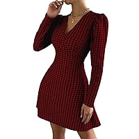 Women's Dress Dresses for Women Houndstooth Print Surplice Neck Dress (Color : Red, Size : Medium)