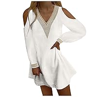 Women Cotton Linen Cold Shoulder Long Sleeve Mini Dress Summer Fashion Guipure Lace V Neck Casual T-Shirt Dresses
