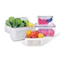 Fruit vegetable food storage containers for fridge, 3 pack airtight locking lids 100% leak proof refrigerator organizer bins, bpa-free draining fresh box keep vegetables and fruits
