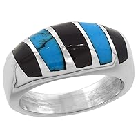 Sterling Silver Black Obsidian & Reconstituted Turquoise Ring for Men Oval Vertical Stripes Solid Back Handmade sizes 7.5-13