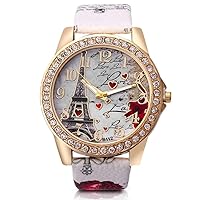 Women Wrist Watch Analogue Quartz Movement Watch with Leather Armband Eiffel Tower Pattern Dial Wristwatch (White,Battery Included)