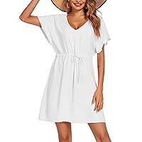 Women Lace-Up Waist-Defined Casual Beach Mini Dress Loose Short Sleeve V Neck Summer Fashion Solid A-Line Dresses