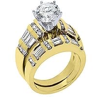 14k Yellow Gold 2.95 Carats Round & Baguette Diamond Engagement Ring Bridal Set