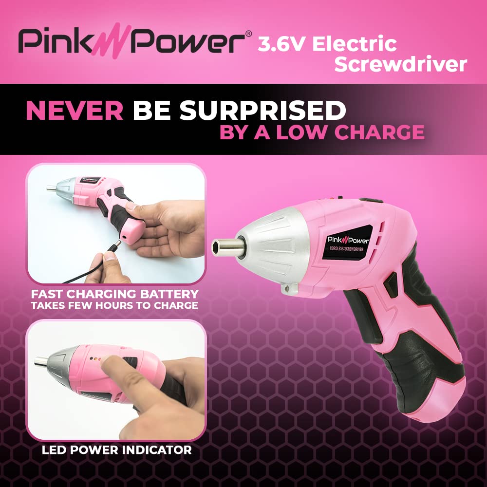 Pink Power 3.6V Cordless Electric Screwdriver Rechargeable Electronic Mini Automatic Gyroscopic Screw Gun Kit for Home - Pink Tool Set with Battery Indicator LED Light & Bit Set - Pink Tools for Women