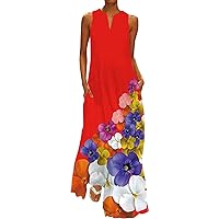 Women's Peplum Hem Spring and Autumn Printed Dress Sleeveless V Neck Casual Skirt with Pockets Large Swing Maxi Dresses