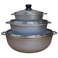IMUSA Natural Traditional Caldero 3-Piece Set made in Colombia with Glass Lid & Steam Vent (1.4/3.4/6.6) Quart, Silver (Dutch Oven Set)