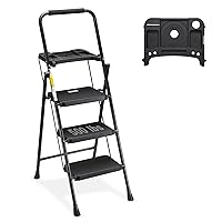 HBTower 3 Step Ladder with Tool Tray, Folding Step Stool with Wide Non-Slip Pedal and Comfort Handgrip for Household and Office, Lightweight 500lbs Capacity Step Ladder, Black