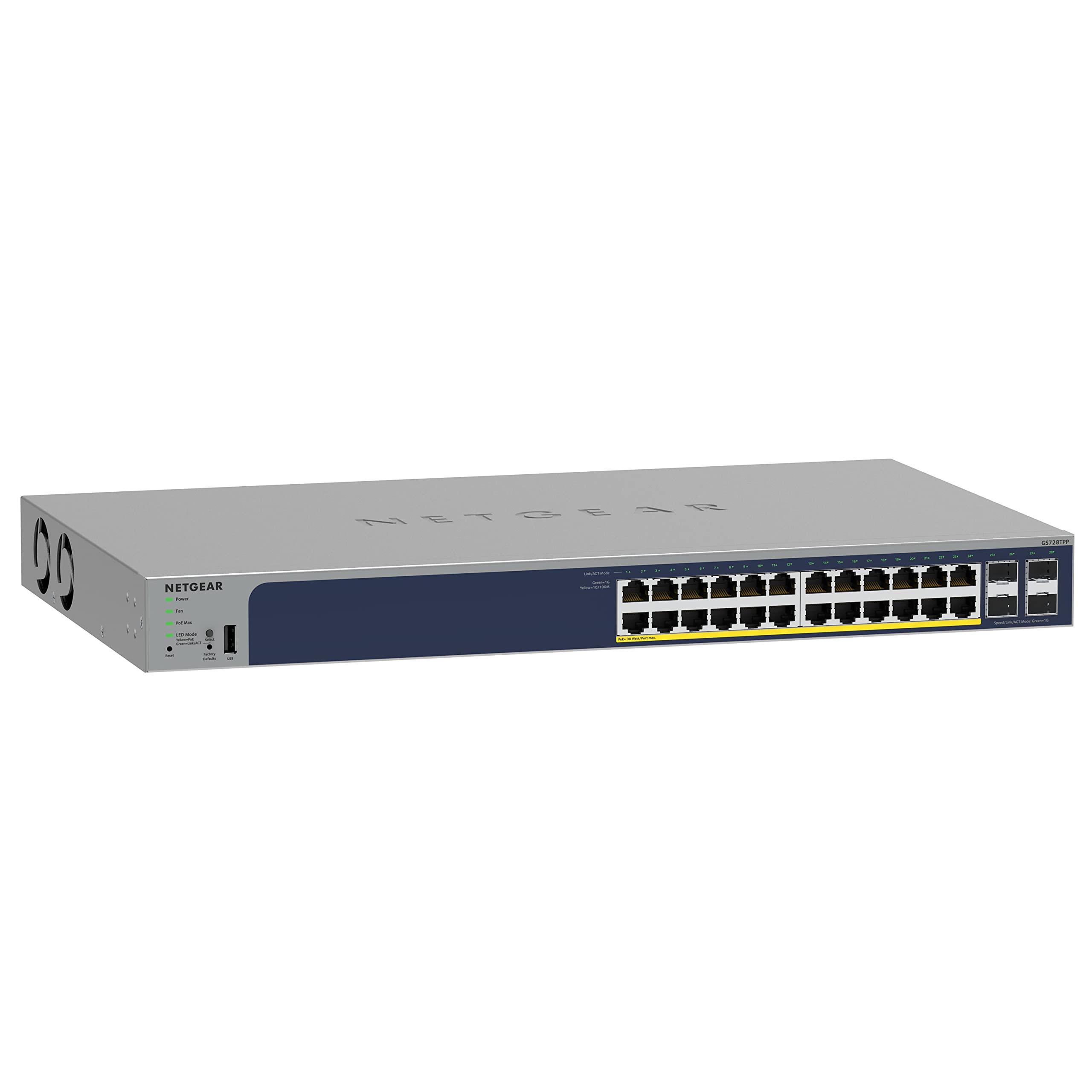 NETGEAR 28-Port PoE Gigabit Ethernet Smart Switch (GS728TPP) - Managed, Optional Insight Cloud Management, 24 x PoE+ @ 380W, 4 x 1G SFP, Desktop or Rackmount, and Limited Lifetime Protection