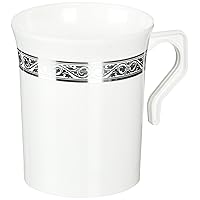 Blue Sky Royalty White & Silver Plastic Coffee Mugs - 8 Oz | 8 Count - Elegant China-Like Design, Perfect for Parties, Weddings & Events