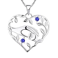 YL Mum Heart Necklace 925 Sterling Silver Mom Hold Child's Hand cut 12 Birthstone Cubic Zirconia Pendant Gifts for Mum Women