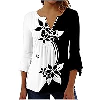 Button Down Shirts for Women Trendy Floral Printed Tunic Summer Tops Dressy Casual Bell Short Sleeve Pleated V Neck Blouses