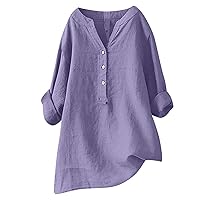 Women's Tunic Blouse Tops Fashion Plus Size T Shirt Solid Cotton Linen Loose Casual Long Sleeve V Neck Button Up Tees